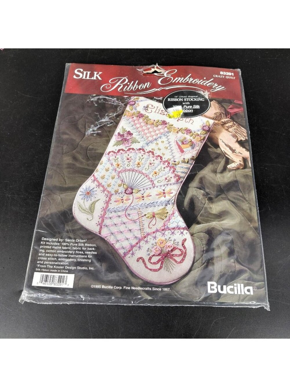 Vintage Bucilla Crazy Quilt Ribbon Stocking Kit Silk Embroidery 83291 Christmas
